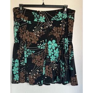 Apt 9 Black Brown Teal Floral A-Line Knee Length Flare‎ Skirt Petite PXL